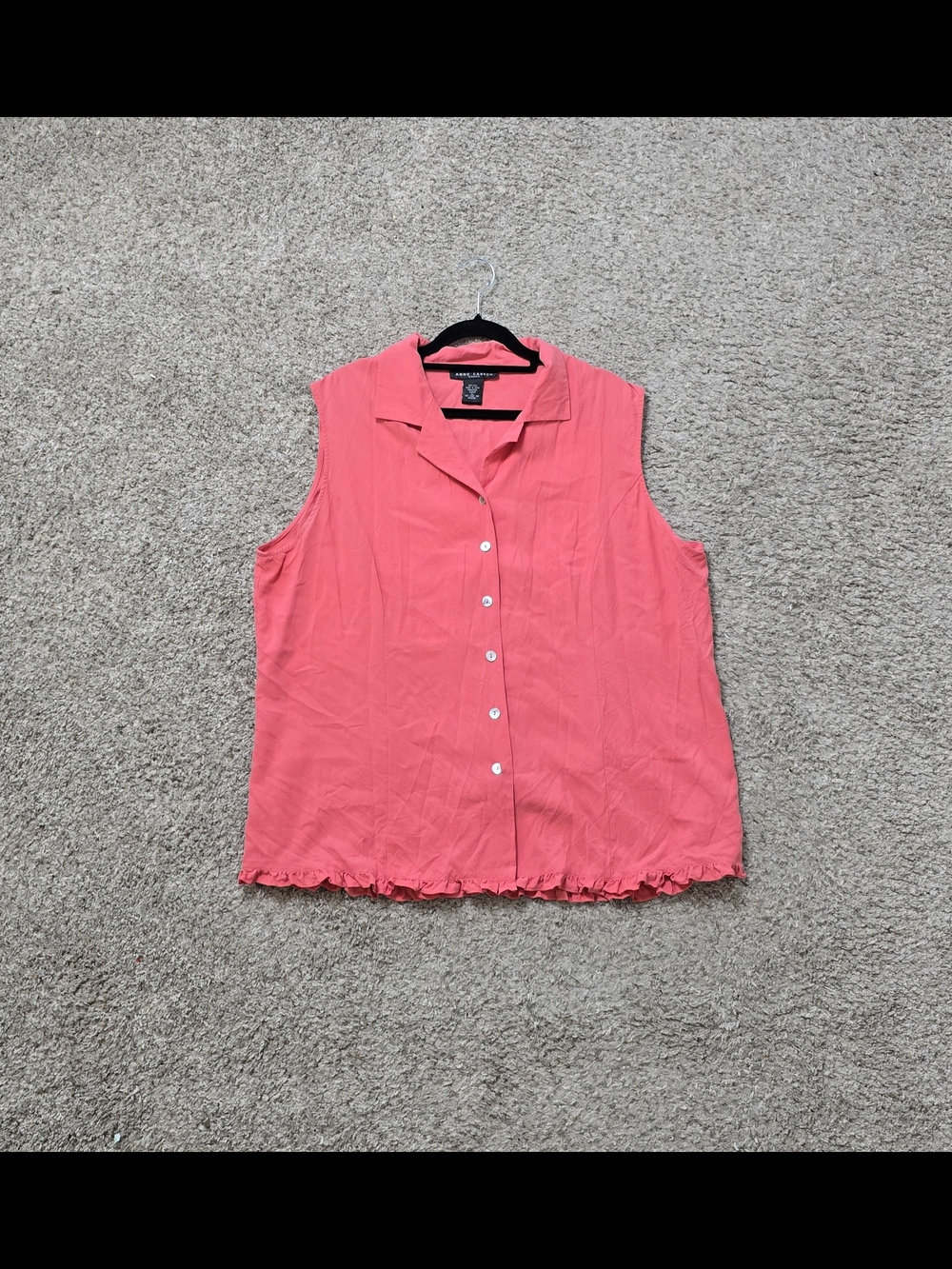 Anne Carson Pink 100% Silk Sleeveless Collared Button-Up Ruffle Hem Blouse 2X